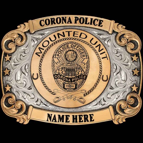 "Customize the Corona Belt Buckle for your Mounted Officer Unit! This Buckle is crafted on a hand-engraved, German Silver base with a light antique finish. The Jeweler's Bronze details such as the banners on the top and bottom, the stars and the scro